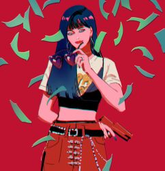 Rule 34 | 1girl, blunt bangs, chain, chromatic aberration, cowboy shot, crop top, earrings, falling money, gun, heart, heart-shaped eyewear, highres, holding, holding gun, holding removed eyewear, holding weapon, huangdanlan, jewelry, k-pop, looking to the side, necklace, pants, real life, red background, red lips, red pants, red velvet (group), seulgi (red velvet), short sleeves, simple background, solo, unworn eyewear, weapon