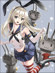 Rule 34 | 10s, 1girl, :3, bad id, bad pixiv id, blonde hair, blue skirt, bow, gloves, green eyes, hair bow, kantai collection, long hair, looking at viewer, midriff, navel, personification, rensouhou-chan, shimakaze (kancolle), shirt, skirt, solo, striped clothes, striped thighhighs, takemori shintarou, thighhighs, white gloves, white shirt, zettai ryouiki