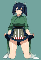 Rule 34 | 10s, 1girl, black hair, blue eyes, blush, breasts, clothes lift, female focus, full body, green background, hair between eyes, hair ribbon, head tilt, hyouju issei, japanese clothes, kantai collection, kneehighs, kneeling, large breasts, legs, long image, looking at viewer, personification, ribbon, shiny skin, short hair, signature, simple background, skirt, skirt lift, smile, socks, solo, souryuu (kancolle), tall image, thighs, twintails