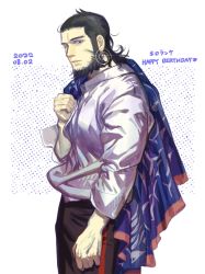 Rule 34 | 1boy, ainu clothes, beard, black eyes, black hair, black pants, dated, earrings, facial hair, golden kamuy, happy birthday, highres, holding, holding clothes, hoop earrings, jewelry, kiroranke, long hair, long sleeves, male focus, nshenz52, over shoulder, pants, shirt, simple background, solo, white background, white shirt