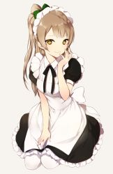 Rule 34 | 10s, 1girl, apron, bow, brown hair, dress, green bow, grey background, grey hair, hair bow, hand on lap, long hair, looking at viewer, love live!, love live! school idol festival, love live! school idol project, lpip, maid, minami kotori, neck ribbon, one side up, pantyhose, puffy short sleeves, puffy sleeves, ribbon, seiza, short sleeves, simple background, sitting, smile, solo, white pantyhose, yellow eyes