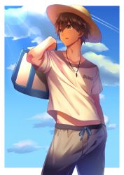 Rule 34 | 10s, 1boy, bag, blue sky, bracelet, brown eyes, brown hair, cloud, cloudy sky, day, duffel bag, fate/extra, fate/extra ccc, fate (series), grey pants, hair between eyes, hand in pocket, hat, holding, holding bag, jewelry, kishinami hakuno (male), male focus, open mouth, pants, pendant, shade, shirt, short hair, short sleeves, sky, sorao (ichhimo), standing, straw hat, sun hat, sunlight, t-shirt