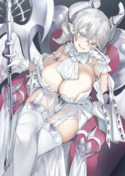 Rule 34 | 1girl, breasts, cleavage, collar, demon girl, demon horns, dress, duel monster, gloves, grey eyes, grey hair, halberd, hand on own cheek, hand on own face, highres, holding, holding polearm, holding weapon, horns, huge breasts, leotard, looking at viewer, lovely labrynth of the silver castle, polearm, see-through, sitting, smile, solo, thighhighs, thighs, throne, weapon, yappen, yu-gi-oh!, zettai ryouiki