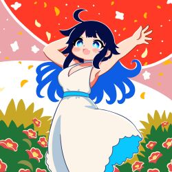 Rule 34 | 1girl, :d, absurdres, arms up, blue eyes, blue hair, blush stickers, changkiwi, dress, flower, highres, open mouth, petals, smile, white dress