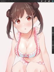 Rule 34 | 1girl, bare shoulders, bikini, blush, breasts, brown hair, cleavage, collarbone, double bun, frilled bikini, frills, hair bun, idolmaster, idolmaster shiny colors, long hair, looking at viewer, medium breasts, misekai 555, navel, open mouth, pink bikini, red eyes, short twintails, simple background, solo, sonoda chiyoko, swimsuit, twintails, white background
