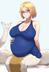 Rule 34 | 13otsu, 1girl, big belly, blonde hair, blush, breasts, cleavage, closed mouth, glasses, green eyes, hand on own stomach, highres, huge breasts, lamia, large breasts, looking at viewer, monster girl, original, outie navel, parted bangs, pointy ears, pregnant, scales, shiny skin, short hair, sidelocks, simple background, sitting, smile, snake tail, solo, tail, wide hips