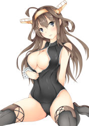 Rule 34 | 10s, 1girl, bad id, bad pixiv id, bare shoulders, blue eyes, blush, boots, breasts, brown hair, cameltoe, cleavage, cleavage cutout, clothing cutout, double bun, female focus, front zipper swimsuit, hairband, headgear, highres, kantai collection, kongou (kancolle), large breasts, long hair, looking at viewer, meme attire, one-piece swimsuit, ryokucha (@bsolute territory), grey eyes, sitting, solo, swimsuit, thigh boots, thighhighs, wariza