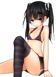 Rule 34 | 1girl, :o, bikini, black hair, blush, hair ornament, long hair, looking at viewer, mizushina minato, navel, open mouth, original, purple eyes, side slit, simple background, skirt, solo, striped clothes, striped thighhighs, swimsuit, thighhighs, twintails, wristband