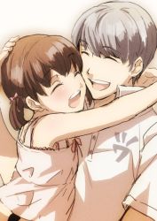 Rule 34 | 1boy, 1girl, :d, ^ ^, arms around neck, bare arms, brown hair, cheek-to-cheek, closed eyes, collared shirt, cousins, doujima nanako, dress, hand on another&#039;s head, happy, heads together, hetero, hug, kiyomiya, narukami yuu, open mouth, persona, persona 4, shirt, short sleeves, siblings, silver hair, sleeveless, smile, twintails, upper body, wing collar