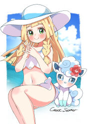 Rule 34 | 1girl, alolan form, alolan vulpix, blonde hair, blush, braid, closed mouth, cloud, commentary request, creatures (company), day, eyelashes, flower, game freak, gen 7 pokemon, green eyes, hands up, hat, highres, interlocked fingers, lillie (pokemon), long hair, lop shauntal2, navel, nintendo, outdoors, pokemon, pokemon (anime), pokemon (creature), pokemon sm (anime), sky, smile, summer, sun hat, swimsuit, thighs, twin braids, white hat