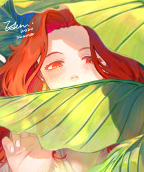 Rule 34 | 1girl, 2020, blush, covered mouth, earrings, eden (eden871225), facing viewer, half-closed eyes, hand up, highres, jewelry, leaf, long hair, looking to the side, nail polish, orange eyes, orange hair, original, parted hair, plant, plant request, signature, solo, summer, thick eyebrows, v-neck