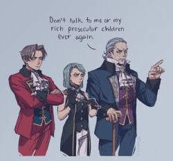 Rule 34 | 1girl, 2boys, absurdres, ace attorney, angie m, ascot, blue eyes, blue hair, commentary, english commentary, english text, formal, franziska von karma, gloves, grey background, grey eyes, grey hair, hair intakes, highres, holding, jacket, jewelry, long sleeves, male focus, manfred von karma, miles edgeworth, multiple boys, necktie, open mouth, pants, red jacket, shirt, short hair, simple background, suit, whip, white hair