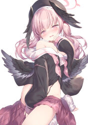 Rule 34 | 1girl, bare shoulders, barefoot, beret, black hat, black shirt, black wings, blue archive, blush, clothes pull, covering crotch, covering privates, feathered wings, foot out of frame, halo, hand to own mouth, hat, head wings, highres, koharu (blue archive), long hair, long sleeves, looking at viewer, loose socks, low wings, miniskirt, neckerchief, off shoulder, open mouth, pink eyes, pink hair, pink neckerchief, pink skirt, pleated skirt, sailor collar, school uniform, shirt, simple background, skirt, skirt pull, sleeves past wrists, socks, solo, topia, twintails, white background, white sailor collar, white socks, wings