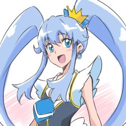 Rule 34 | 10s, 1girl, blue eyes, blue hair, blush, crown, cure princess, earrings, eyelashes, hair ornament, hair ribbon, happinesscharge precure!, happy, jewelry, long hair, looking at viewer, magical girl, matching hair/eyes, open mouth, pink background, precure, ribbon, shirayuki hime, shirt, sketch, smile, solo, tsukikage oyama, twintails, white background