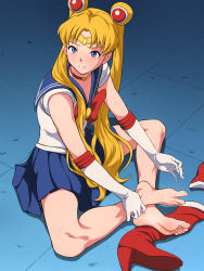 Rule 34 | 1girl, barefoot, bishoujo senshi sailor moon, blonde hair, blue eyes, blue skirt, boots, unworn boots, choker, derivative work, double bun, elbow gloves, feet, female focus, foot focus, from above, full body, gloves, hair bun, high heel boots, high heels, highres, knees apart feet together, long hair, long twintails, looking at viewer, maku (l-u), meme, on floor, parted lips, pleated skirt, red footwear, sailor moon, sailor moon redraw challenge (meme), school uniform, serafuku, shoes, unworn shoes, sitting, skirt, sleeveless, soles, solo, spread toes, sweat, tiara, toenails, toes, tsukino usagi, twintails, white gloves