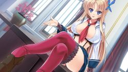 Rule 34 | 1girl, blonde hair, blue eyes, blush, breasts, cleavage, covered erect nipples, crossed legs, curtains, dutch angle, female focus, flower, game cg, hair ornament, indoors, large breasts, light blush, light smile, long hair, looking at viewer, midriff, necktie, parted lips, revealing clothes, seductive smile, shoes, sitting, sitting on table, skirt, skko queen: kaichou no maid-tachi, smile, solo, table, thighhighs, toma (asagayatei), vase, zettai ryouiki
