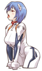 Rule 34 | 1girl, ayanami rei, blue hair, blush, bodysuit, bracer, breasts, cowboy shot, female focus, from side, gloves, hair between eyes, half-closed eyes, headgear, interface headset, large breasts, leaning forward, looking to the side, maruto!, neon genesis evangelion, open mouth, pilot suit, plugsuit, profile, red eyes, short hair, signature, simple background, solo, tongue, tongue out, turtleneck, white background