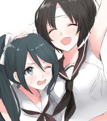 Rule 34 | 10s, 2girls, ^ ^, arm up, bare shoulders, black hair, blue eyes, blue hair, blush, breasts, closed eyes, collarbone, commentary, closed eyes, hair ribbon, hand on another&#039;s head, headband, isuzu (kancolle), kantai collection, long hair, medium breasts, morinaga miki, multiple girls, nagara (kancolle), neckerchief, one eye closed, open mouth, ribbon, school uniform, serafuku, short hair, simple background, sleeveless, smile, sweatdrop, twintails, upper body, wavy mouth, white background
