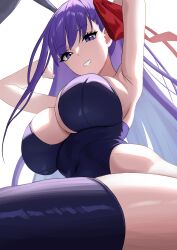 1girl absurdres animal_ears armpits arms_up bare_shoulders bb_(fate) black_leotard black_thighhighs blush breasts cleavage enun fake_animal_ears fate/grand_order fate_(series) grin hair_ribbon highleg highleg_leotard highres large_breasts leotard long_hair looking_at_viewer playboy_bunny purple_eyes purple_hair rabbit_ears red_ribbon ribbon smile solo thighhighs thighs very_long_hair