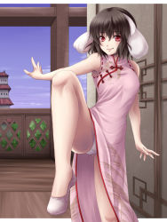 Rule 34 | 1girl, aged up, animal ears, bad id, bad pixiv id, black hair, china dress, chinese clothes, dress, female focus, fighting stance, highres, inaba tewi, leg up, looking at viewer, mochi.f, no socks, panties, rabbit ears, red eyes, short hair, side slit, smile, solo, touhou, underwear, white panties