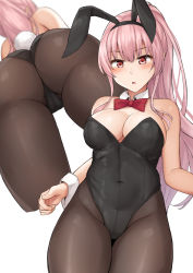 Rule 34 | 1girl, animal ears, ass, bare arms, bare shoulders, black leotard, bow, bowtie, breasts, brown pantyhose, cleavage, covered navel, cowboy shot, detached collar, fake animal ears, fake tail, groin, hairband, highleg, highleg leotard, highres, large breasts, leotard, long hair, looking at viewer, mizushina minato, multiple views, original, pantyhose, parted lips, pink hair, playboy bunny, ponytail, rabbit ears, rabbit tail, red eyes, strapless, strapless leotard, tail, very long hair, wrist cuffs