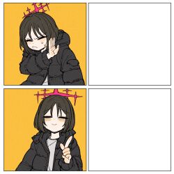Rule 34 | 1girl, = =, black hair, black jacket, blue archive, blush, closed eyes, commentary, drake (rapper), drakeposting (meme), finger gun, frown, halo, highres, hood, hooded jacket, jacket, meme, misaki (blue archive), multiple views, padded jacket, parody, red halo, rejection, simple background, smile, sweatdrop, upper body, v-shaped eyebrows, wujurana, yellow background