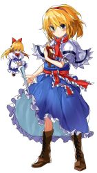 Rule 34 | 2girls, alice margatroid, blonde hair, blue dress, blue eyes, blush, book, boots, bow, bowtie, brown footwear, capelet, closed mouth, cross-laced footwear, dress, full body, hair between eyes, hair bow, hairband, holding, holding book, lace-up boots, long hair, long sleeves, looking at viewer, manarou, multiple girls, red bow, red bowtie, shanghai doll, short hair, short sleeves, simple background, standing, touhou, white background