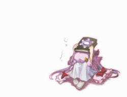 Rule 34 | 1girl, book, bow, covering privates, cowering, female focus, hat, izumi yukiru, long hair, patchouli knowledge, purple hair, sitting, solo, touhou