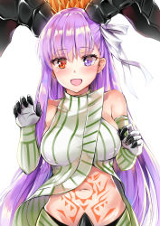 Rule 34 | 1girl, :d, bad id, bad pixiv id, bare shoulders, blush, breasts, collarbone, commentary request, elbow gloves, fate/grand order, fate (series), gloves, hair ribbon, heterochromia, highres, horns, kingprotea (fate), kingprotea (third ascension) (fate), konka, long hair, looking at viewer, medium breasts, navel, open mouth, pubic tattoo, purple eyes, purple hair, red eyes, revealing clothes, ribbon, smile, solo, stomach, stomach tattoo, straight hair, striped clothes, striped gloves, tattoo, upper body, very long hair, white gloves, white ribbon