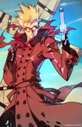 Rule 34 | 1boy, agl arms .45 long colt, blonde hair, break-action revolver, cowboy shot, cross, day, earrings, glasses, gloves, gun, handgun, highres, jewelry, long coat, low bore axis revolver, male focus, manly, revolver, rtil, solo, spiked hair, spoilers, sunglasses, trigun, vash the stampede, weapon