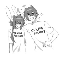 Rule 34 | 2boys, :d, black sclera, bunny ears prank, character request, clothes writing, colored sclera, cropped torso, english text, greyscale, highres, horns, large ears, matemi, meme, monochrome, multiple boys, open mouth, original, sexually suggestive, shirt, short hair, short sleeves, simple background, smile, sparkle, t-shirt, white background, yaoi