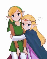 1boy 1girl 756zl belt blonde_hair blue_cloak blue_eyes brown_sleeves cloak collarbone commentary_request cowboy_shot dress flying_sweatdrops green_hat green_tunic hat hetero highres hug link long_hair looking_at_viewer nintendo pants pantyhose pointy_ears pout princess_zelda puff_of_air purple_dress short_hair sidelocks simple_background standing the_legend_of_zelda the_legend_of_zelda:_echoes_of_wisdom tiara triforce tunic two-tone_dress v-shaped_eyebrows white_background white_dress white_pants