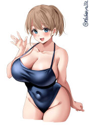 Rule 34 | 1girl, alternate costume, blue eyes, blush, breasts, brown hair, cleavage, clenched hand, collarbone, covered navel, cowboy shot, ebifurya, highres, intrepid (kancolle), kantai collection, large breasts, one-hour drawing challenge, one-piece swimsuit, open hand, open mouth, ponytail, short hair, skindentation, sleeveless, smile, solo, swimsuit, thighs, twitter username, white background