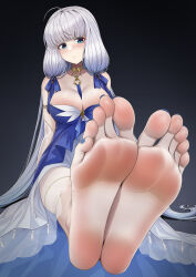 Rule 34 | 1girl, absurdres, ahoge, aqua eyes, azur lane, bare shoulders, barefoot, between breasts, blue dress, blue nails, blunt bangs, breasts, cleavage, closed mouth, commission, dress, eyelashes, feet, foot focus, foreshortening, full body, greek toe, grey background, grey hair, highres, illustrious (azur lane), jewelry, large breasts, long hair, looking at viewer, nail polish, pixiv commission, soles, solo, toenail polish, toenails, toes, tsa, very long hair, white dress
