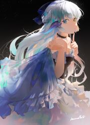 Rule 34 | 1girl, absurdres, artist name, au ra, bare shoulders, blue hair, breasts, cleavage, closed mouth, detached collar, dress, final fantasy, final fantasy xiv, frilled dress, frills, from side, gradient hair, greyscale, heterochromia, highres, holding, index finger raised, inumantle, long hair, looking at viewer, looking to the side, monochrome, multicolored hair, small breasts, solo, very long hair, white dress, yellow eyes