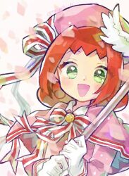 Rule 34 | 1girl, ally (puyopuyo), bow, capelet, cardcaptor sakura, cosplay, doradorakingyo, falling petals, fuuin no tsue, gloves, heart, heart in eye, holding, holding staff, kinomoto sakura, kinomoto sakura (cosplay), long sleeves, looking at viewer, open mouth, petals, pink background, pink capelet, pink headwear, pink petals, pink shirt, puyopuyo, puyopuyo chronicle, puyopuyo quest, red hair, ribbon, shirt, short hair, solo, staff, striped, striped bow, striped ribbon, symbol in eye, twitter username, white gloves