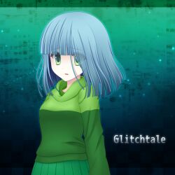 Rule 34 | 1girl, amber lightvale, blue eyes, clothes, glitchtale, green eyes, green shirt, looking at viewer, sad, shirt, short hair, skirt, solo
