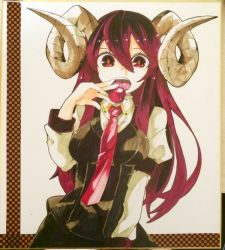 Rule 34 | 1girl, aoi kujira, breasts, cherry, demon girl, demon horns, food, fruit, hair between eyes, horns, juliet sleeves, koakuma, large breasts, long hair, long sleeves, looking at viewer, marker (medium), necktie, open mouth, puffy sleeves, red eyes, red hair, red pupils, shikishi, shirt, skirt, skirt set, solo, touhou, traditional media, very long hair, vest