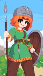Rule 34 | 1girl, belt, blush, bracelet, breasts, brown pants, buckle, collarbone, dagger, green eyes, green robe, helmet, holding, holding polearm, holding weapon, jewelry, knife, looking at viewer, medium breasts, minimilieu, open mouth, orange hair, original, outdoors, pants, pixel art, polearm, robe, shield, smile, solo, spear, sword, thick eyebrows, viking, weapon