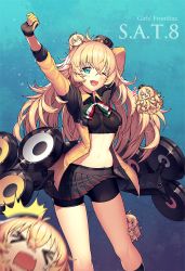Rule 34 | &gt; &lt;, 1girl, :3, :d, aqua eyes, arm behind head, arm up, bike shorts, blonde hair, bow, clinging, fang, girls&#039; frontline, gloves, impossible clothes, italian flag, italian flag neckwear, liem (zero854), long hair, midriff, one eye closed, open clothes, open mouth, open shirt, pleated skirt, s.a.t.8 (girls&#039; frontline), shield module, shorts, shorts under skirt, skirt, smile, surprised, two-tone gloves, wind, wind lift, xd
