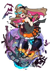 Rule 34 | 1girl, absurdres, ahoge, animal hair ornament, bare shoulders, bird, black dress, blood, blood on leg, brown hair, claw pose, coffin, collarbone, commentary request, dress, ear piercing, fang, hair over one eye, highres, jack-o&#039;-lantern, jewelry, kurumitsu, long hair, mary janes, mouse (animal), multicolored hair, nail polish, open mouth, original, piercing, pink eyes, pumpkin, red nails, ring, shoes, skull, strapless, strapless dress, tongue, tongue out, twintails, white legwear, wrist cuffs