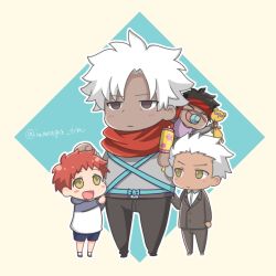 Rule 34 | 4boys, ^ ^, aged down, angra mainyu (fate), archer (fate), baby, bandana, bib, black hair, brown eyes, chibi, child, closed eyes, dark-skinned male, dark skin, emiya kiritsugu, emiya kiritsugu (assassin), emiya shirou, fate/grand order, fate/hollow ataraxia, fate/stay night, fate/zero, fate (series), father and son, fatherly, iwanaga tm, male focus, multiple boys, open mouth, pacifier, rattle, red hair, shorts, smile, white hair, yellow eyes