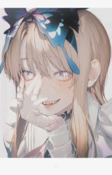 Rule 34 | 1girl, bandages, blonde hair, blue bow, bow, commentary, english commentary, grey background, hair bow, hand on own face, heart, heart-shaped pupils, long hair, looking at viewer, open mouth, original, portrait, sidelocks, simple background, smile, solo, symbol-shaped pupils, upper body, wanke