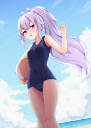 Rule 34 | 1girl, azur lane, ball, beachball, blue sky, breasts, highres, horizon, laffey (azur lane), one-piece swimsuit, ponytail, school swimsuit, sky, small breasts, solo, swimsuit