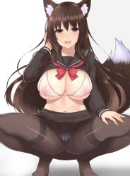 Rule 34 | 1girl, adjusting hair, animal ear fluff, animal ears, bikini, black pantyhose, blush, bow, bowtie, breasts, brown eyes, brown hair, clothes lift, fox ears, fox girl, fox tail, hand on own thigh, highres, large breasts, long hair, looking at viewer, navel, nipples, open mouth, original, pantyhose, parted lips, pleated skirt, school uniform, see-through, see-through silhouette, serafuku, simple background, skirt, skirt lift, smile, sogaya, solo, squatting, swimsuit, tail, thighband pantyhose, white bikini