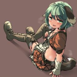 Rule 34 | 1girl, alternate costume, animal ears, blush, boots, bra, bra pull, breasts, breath, brown background, brown footwear, brown skirt, clothes pull, collar, crop top, cross-laced footwear, fingerless gloves, flashing, full body, gloves, green eyes, green hair, kasodani kyouko, looking at viewer, looking to the side, miniskirt, multicolored clothes, multicolored skirt, nipples, plaid, plaid skirt, pulling own clothes, short hair, simple background, sitting, skirt, small breasts, solo, tail, thigh boots, thighhighs, touhou, underwear, white bra, white skirt, yudepii