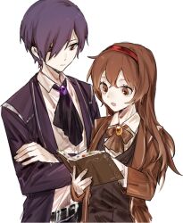 Rule 34 | 1boy, 1girl, ascot, book, bow, bowtie, brown bow, brown bowtie, brown coat, brown eyes, brown hair, brown vest, coat, collared shirt, holding, holding book, kitakawayui, library of ruina, long hair, long sleeves, malkuth (project moon), open mouth, project moon, purple ascot, purple coat, purple hair, shirt, simple background, smile, upper body, vest, white background, white shirt, yesod (project moon)