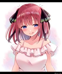 Rule 34 | 1girl, :q, bare shoulders, black ribbon, blush, breasts, closed mouth, collarbone, commentary request, go-toubun no hanayome, hair ribbon, letterboxed, medium breasts, nakano nino, off-shoulder shirt, off shoulder, purple eyes, red hair, ribbon, sakura hiyori, shirt, smile, solo, tongue, tongue out, twitter username, two side up, upper body, white shirt