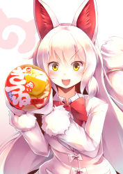 Rule 34 | 10s, 1girl, absurdres, animal ears, blush, bow, cup ramen, highres, instant udon, japari symbol, kanzakietc, kemono friends, long hair, long sleeves, looking at viewer, maruchan akai kitsune udon, oinari-sama (kemono friends), open mouth, red bow, smile, solo, tail, v-shaped eyebrows, white hair, yellow eyes