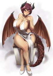 Rule 34 | 1girl, ahoge, arm behind back, bare shoulders, blush, breasts, brown eyes, chain, chain necklace, cleavage, commentary request, commission, covered erect nipples, crossed legs, curvy, dragon horns, dragon tail, dragon wings, dress, embarrassed, full body, gold necklace, granblue fantasy, grea (shingeki no bahamut), halterneck, head tilt, high heels, highres, horns, jewelry, large breasts, legs, light smile, looking at viewer, necklace, no bra, no panties, packge, parted bangs, pelvic curtain, pointy ears, purple hair, raised eyebrows, revealing clothes, shingeki no bahamut, short hair, sitting, smile, solo, tail, thighs, white dress, white footwear, wide hips, wings